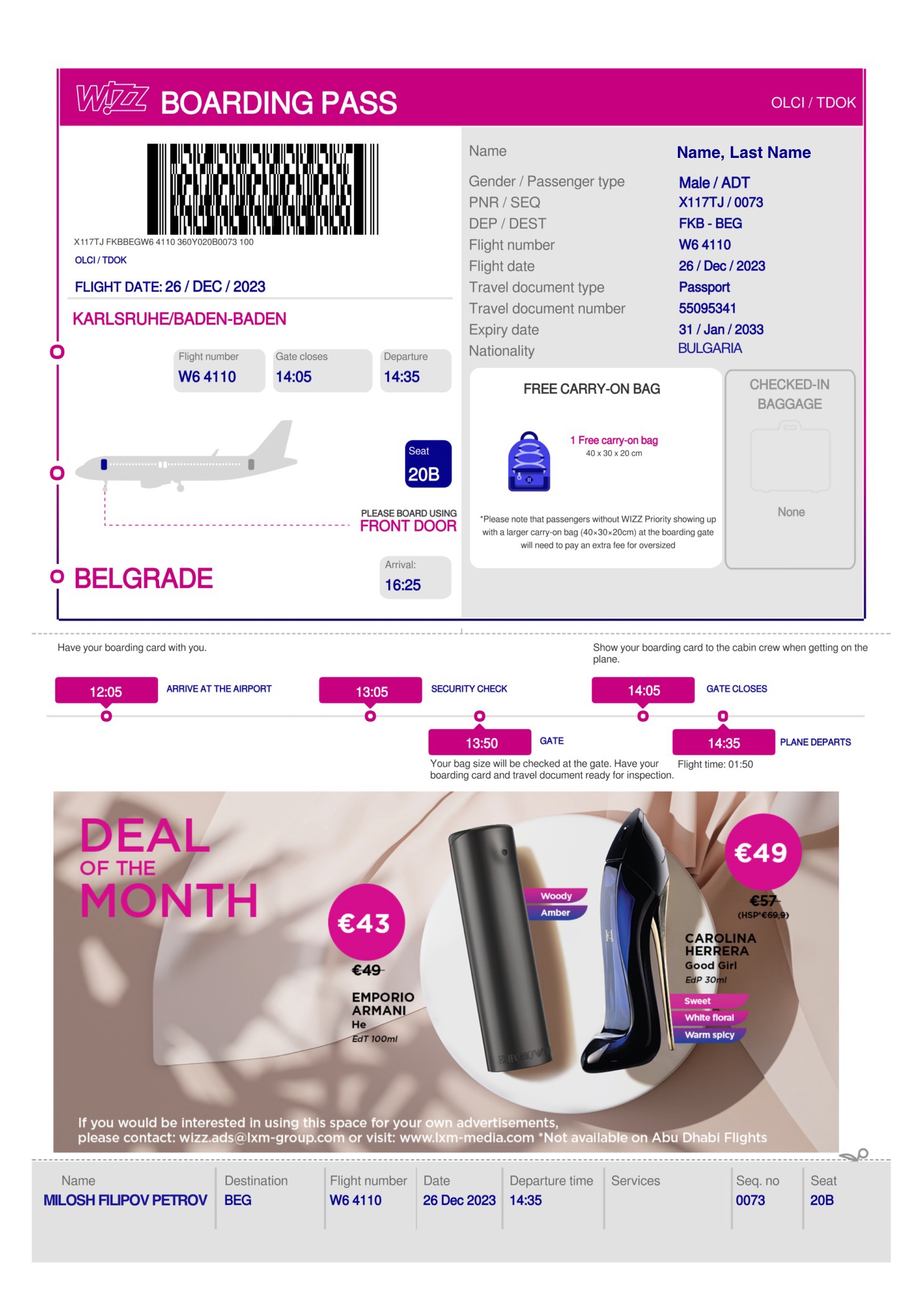Carte de îmbarcare Wizz Air fără îmbarcare prioritară și bagaj de cală